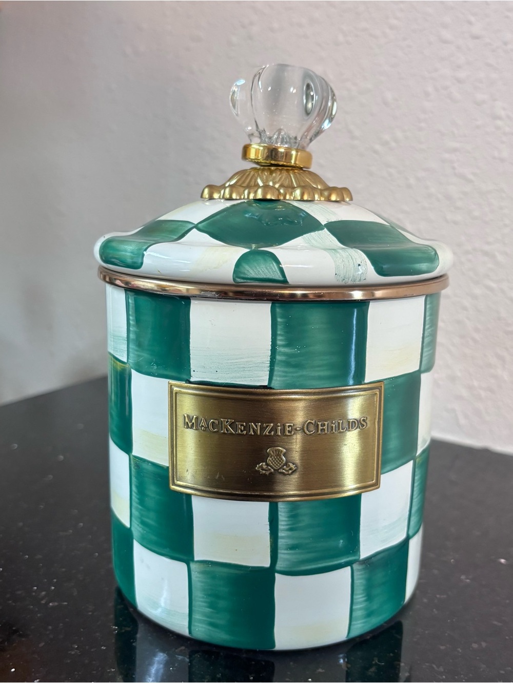 Mackenzie-Childs Emerald Check Small Enameled Steel Canister
